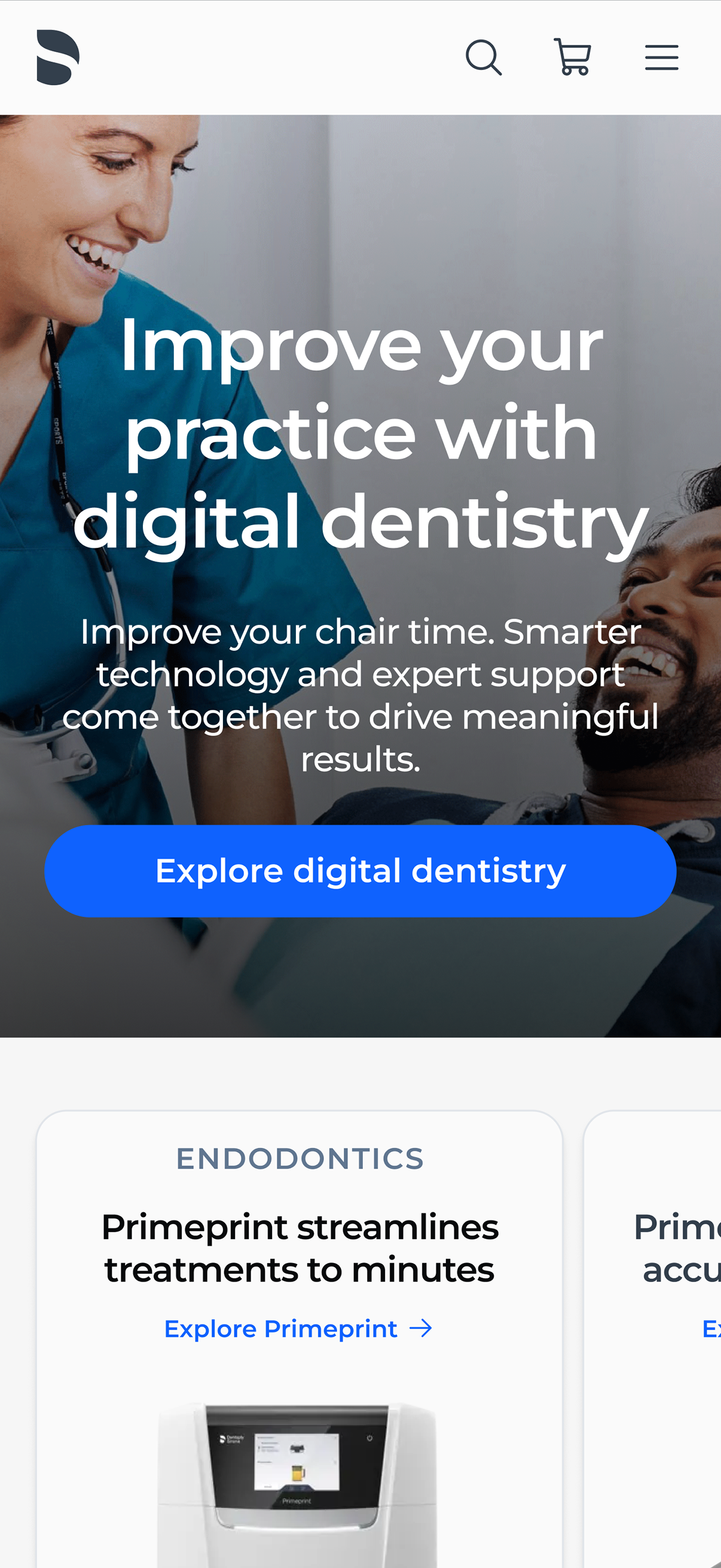 Dentsply Sirona mobile homepage after redesign