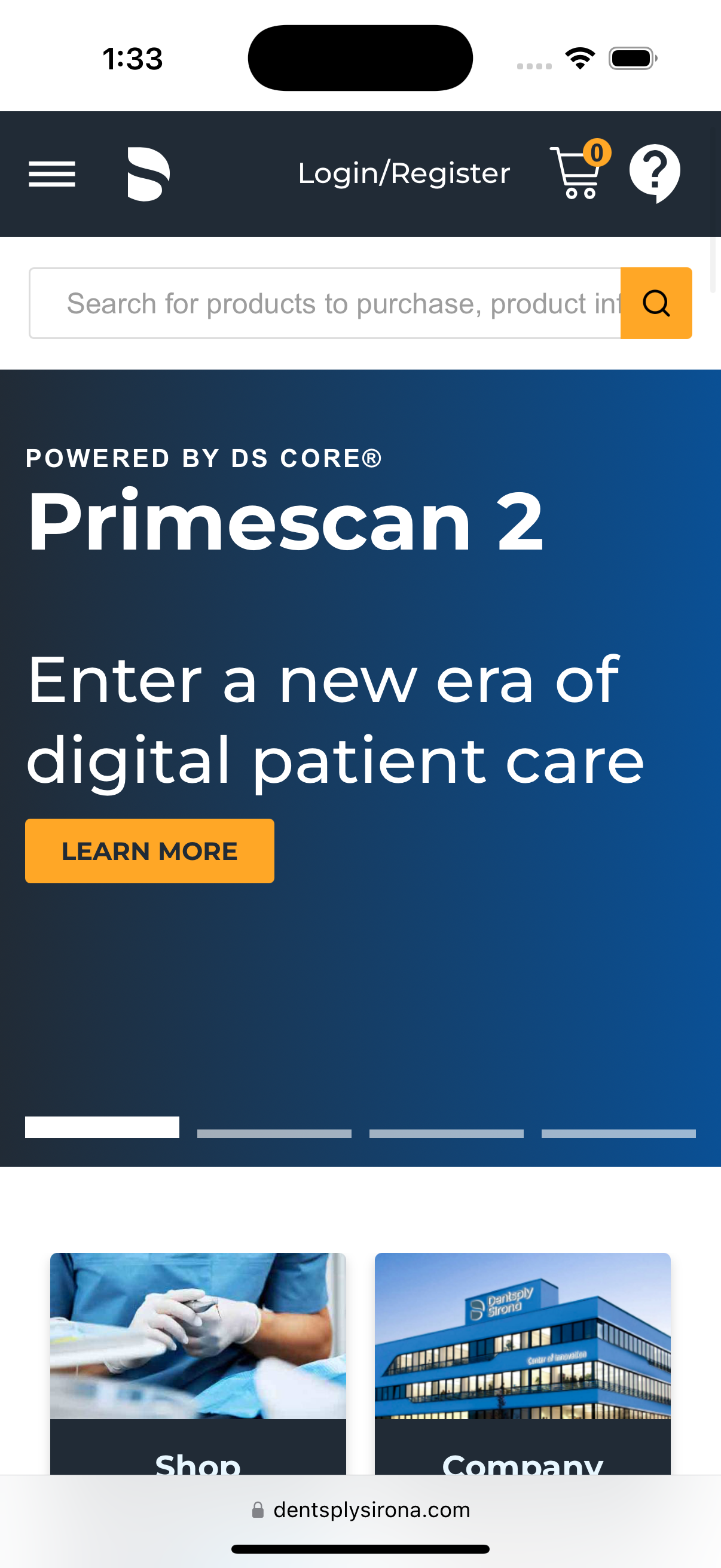 Dentsply Sirona mobile homepage before redesign