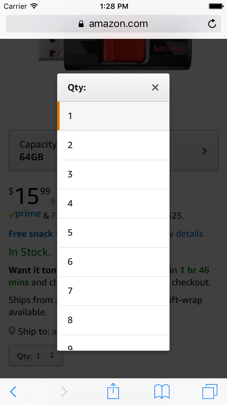 Before: tapping qty opens a full-screen modal list