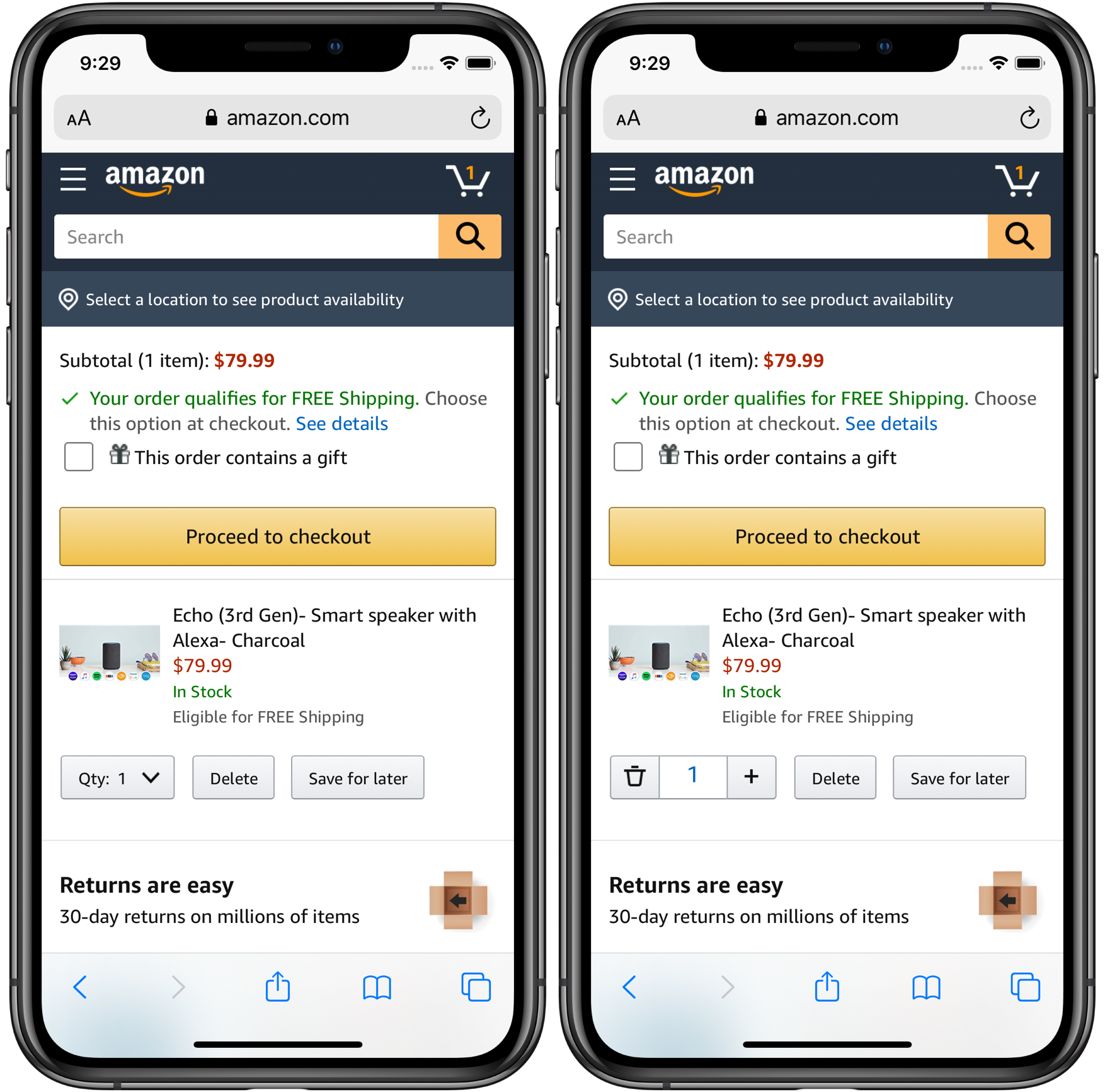 Amazon quantity stepper redesign — cart before and after