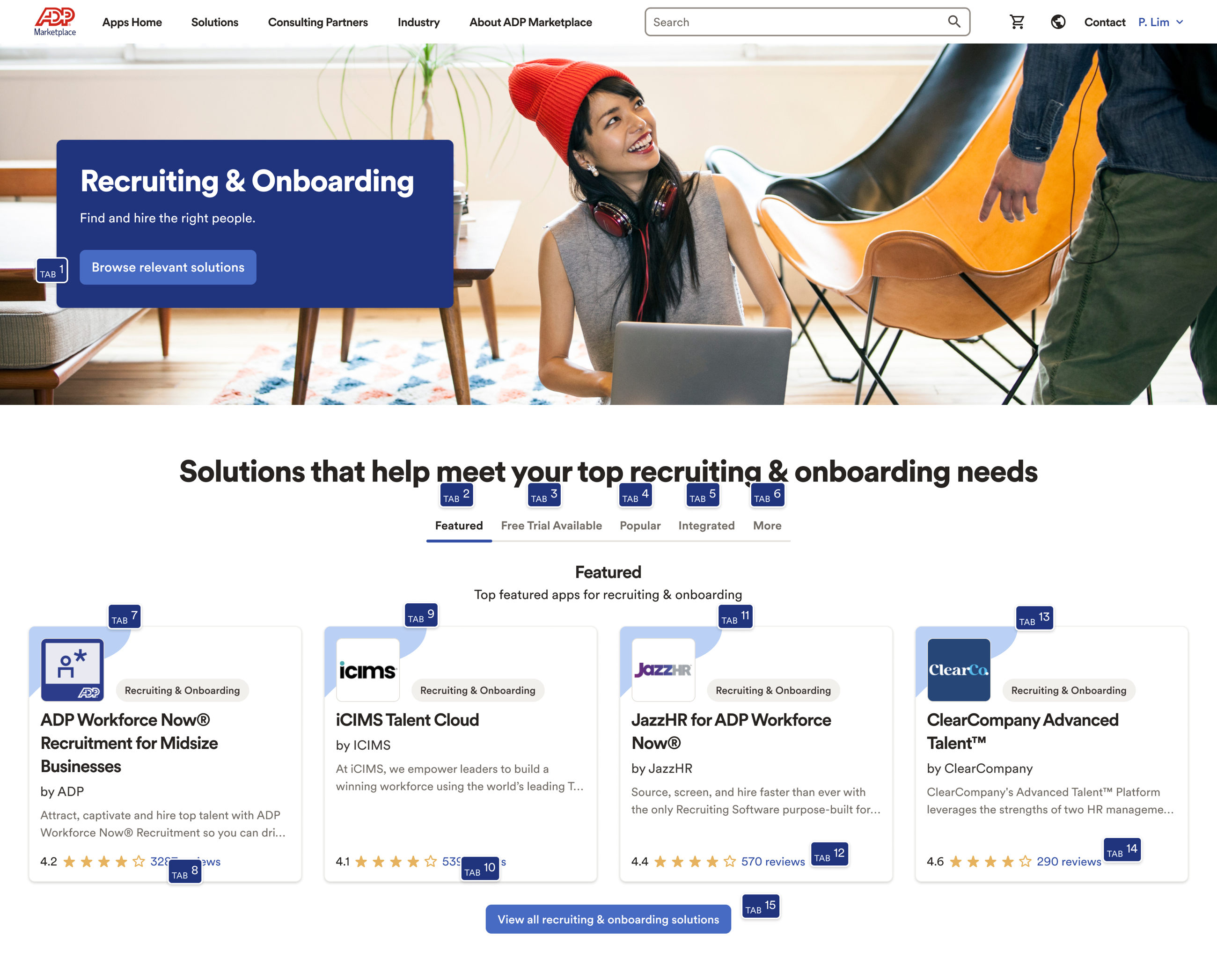 Recruiting and Onboarding category page annotated with numbered TAB markers showing the keyboard tab order through hero, filter tabs, and app cards