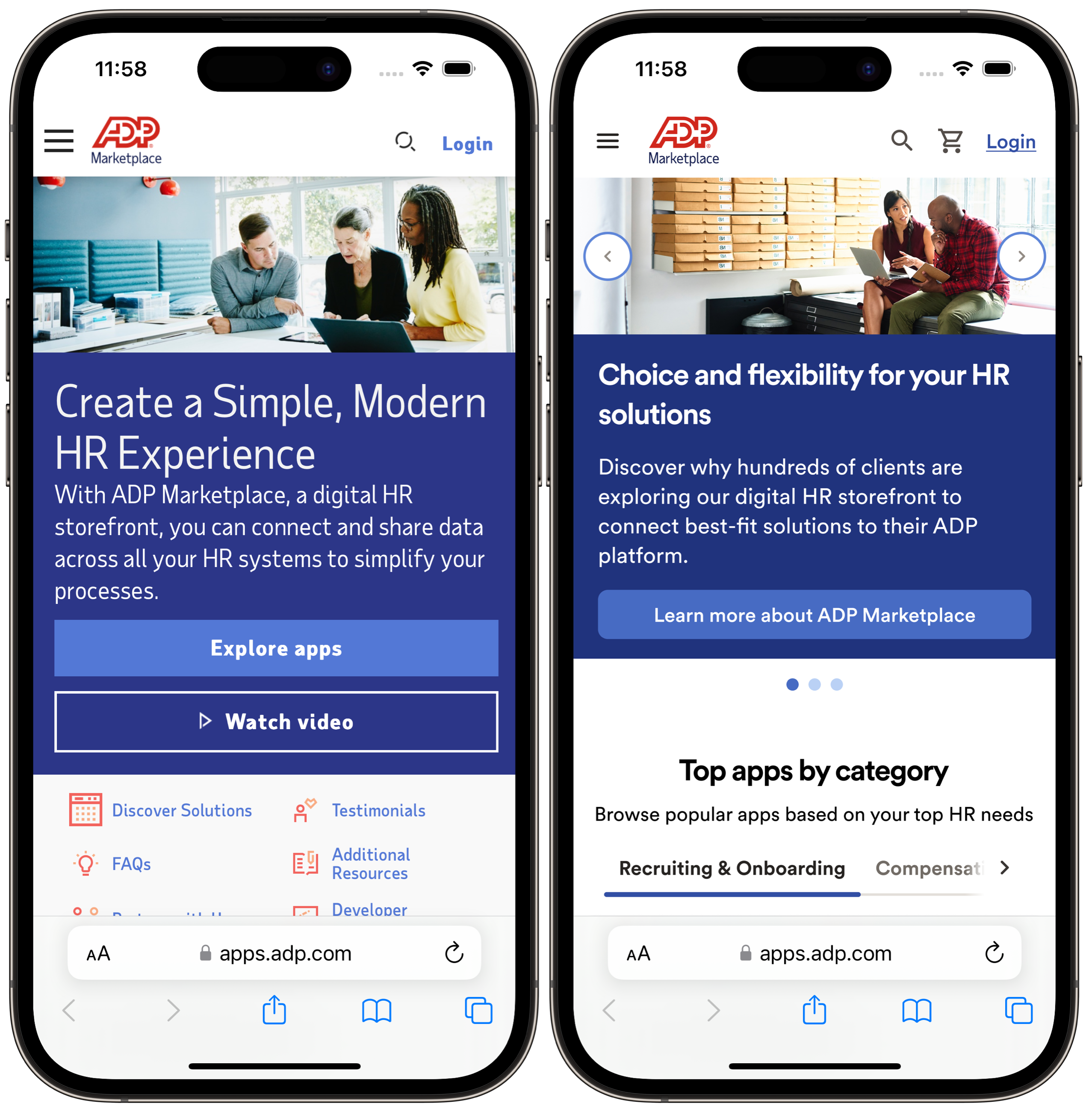 ADP Marketplace mobile home page before and after on two iPhones