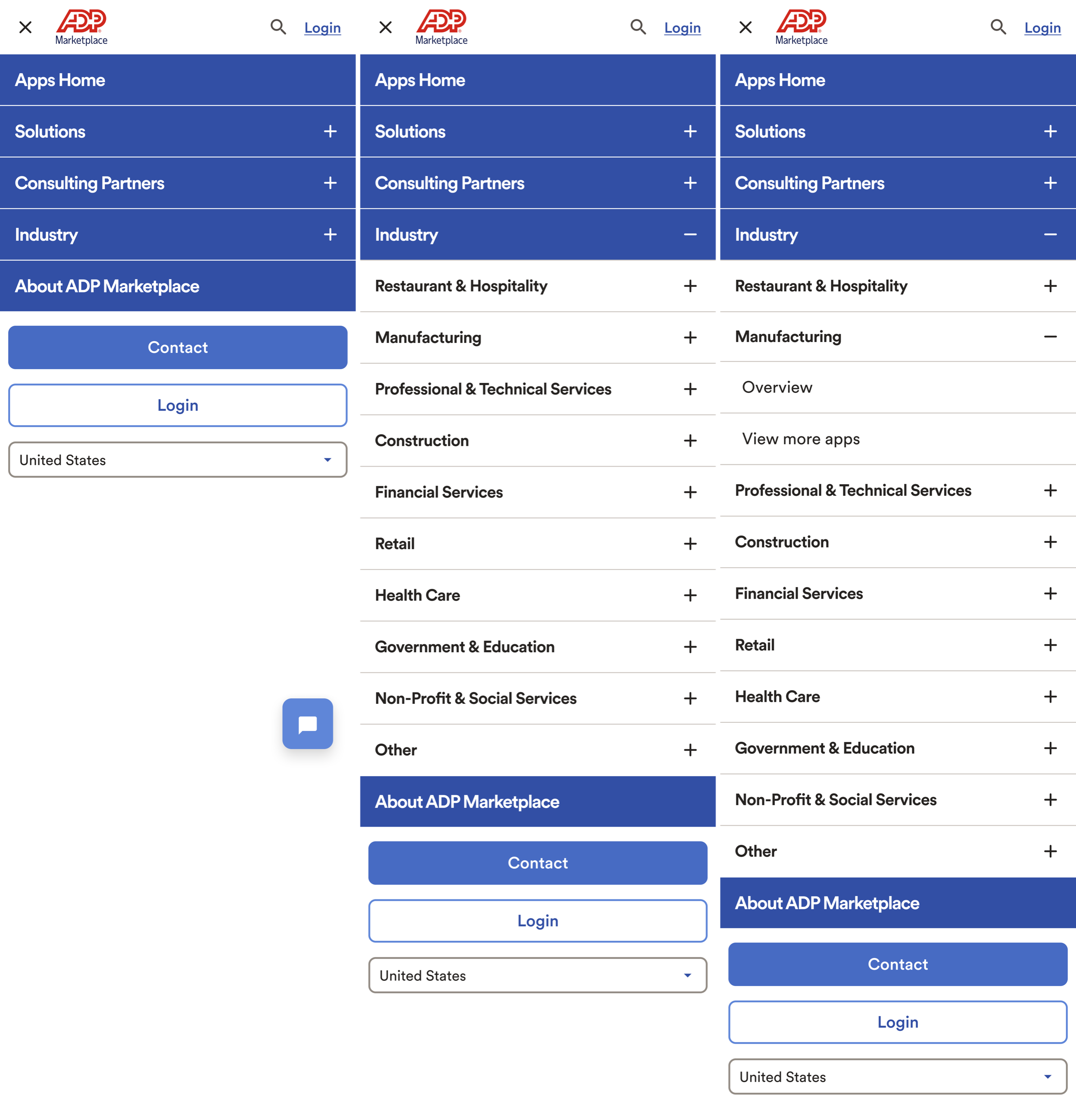 Three mobile menu states showing the accordion navigation: top level, the Industry section expanded with industry list, and Manufacturing expanded to Overview and View more apps