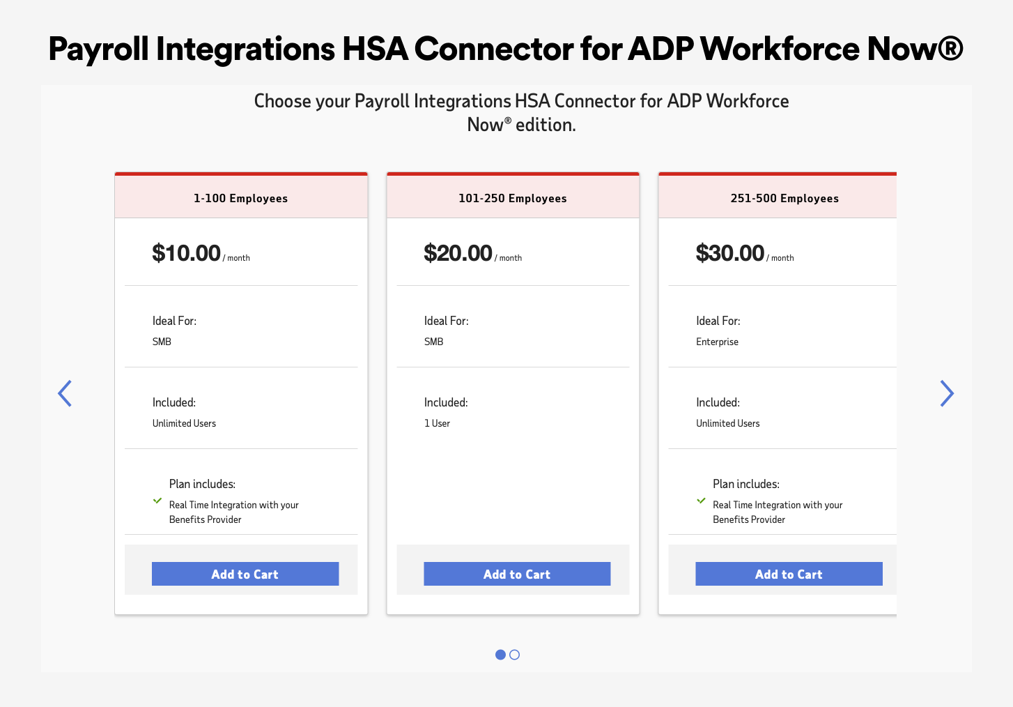Legacy partner pricing page with employee-band tiers hidden inside a carousel, one card cut off at the edge
