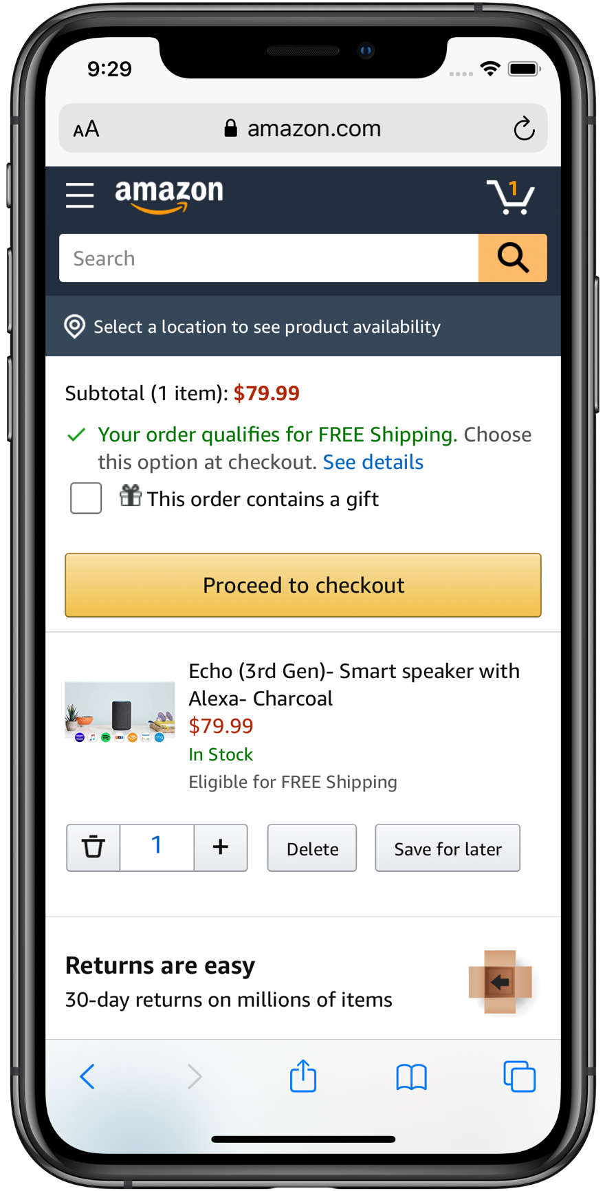 Amazon mobile cart with the redesigned stepper at quantity one, where the decrement button is a trash icon