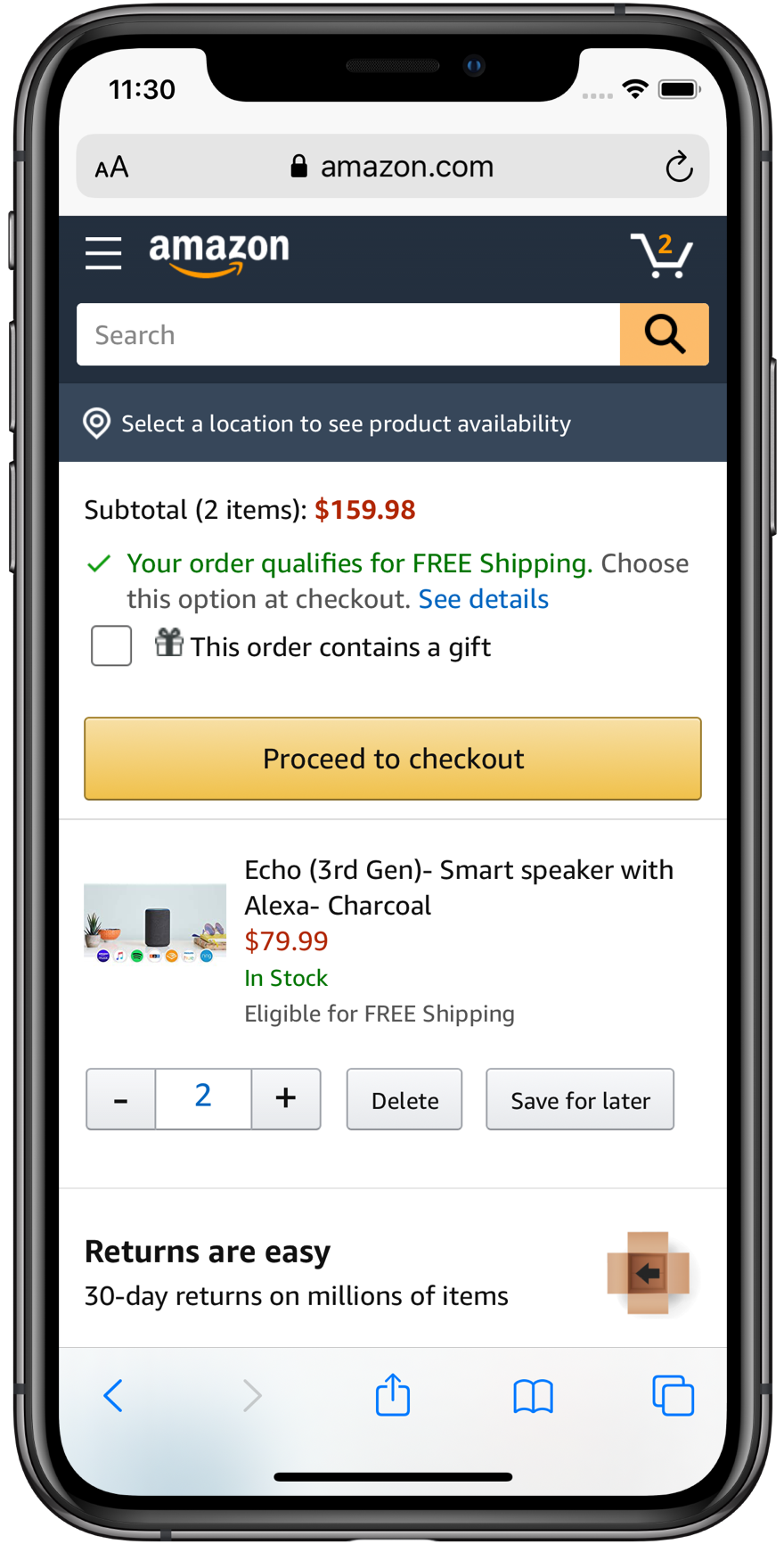 Amazon mobile cart with the redesigned quantity stepper: minus, editable count, and plus