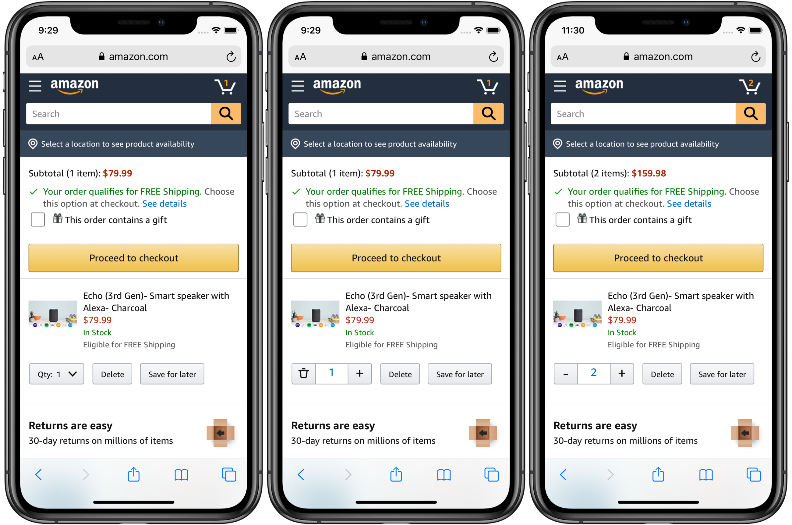 Amazon mobile cart before and after: quantity dropdown replaced by a stepper