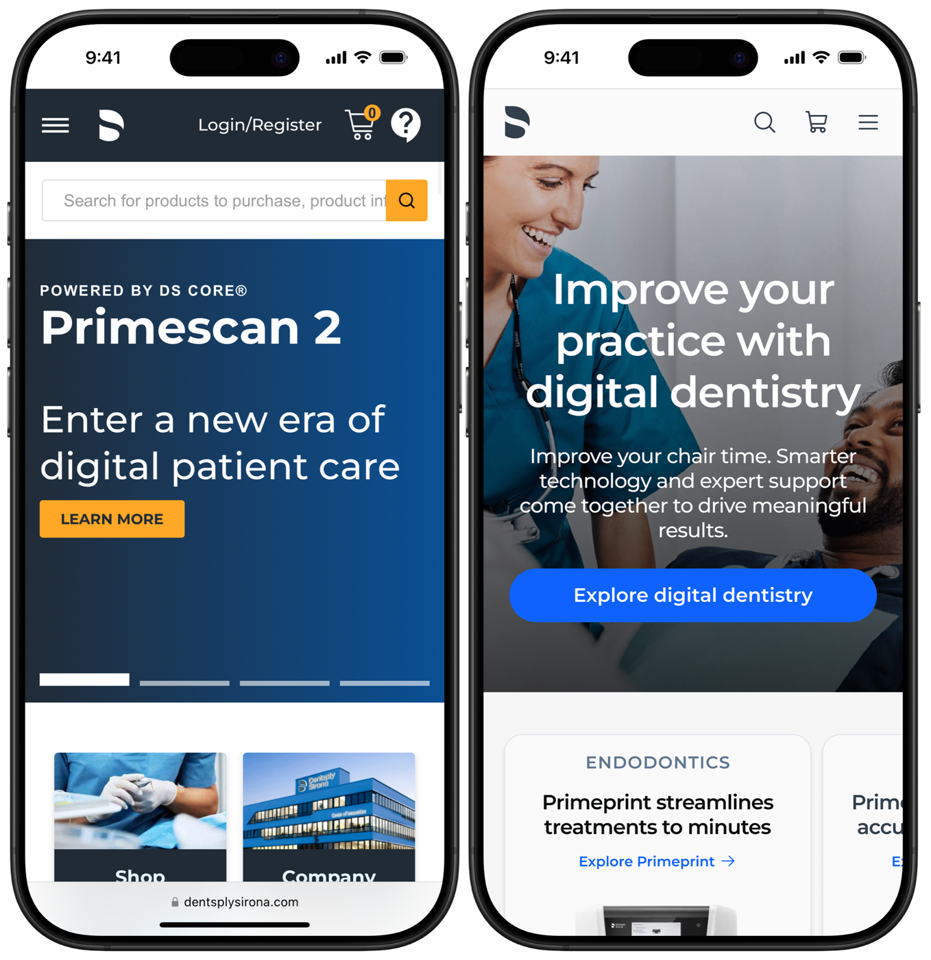 Dentsply Sirona mobile home page before and after: the legacy dark header with a text-heavy product banner versus the redesigned page with a full-bleed photo hero and a clear call to action