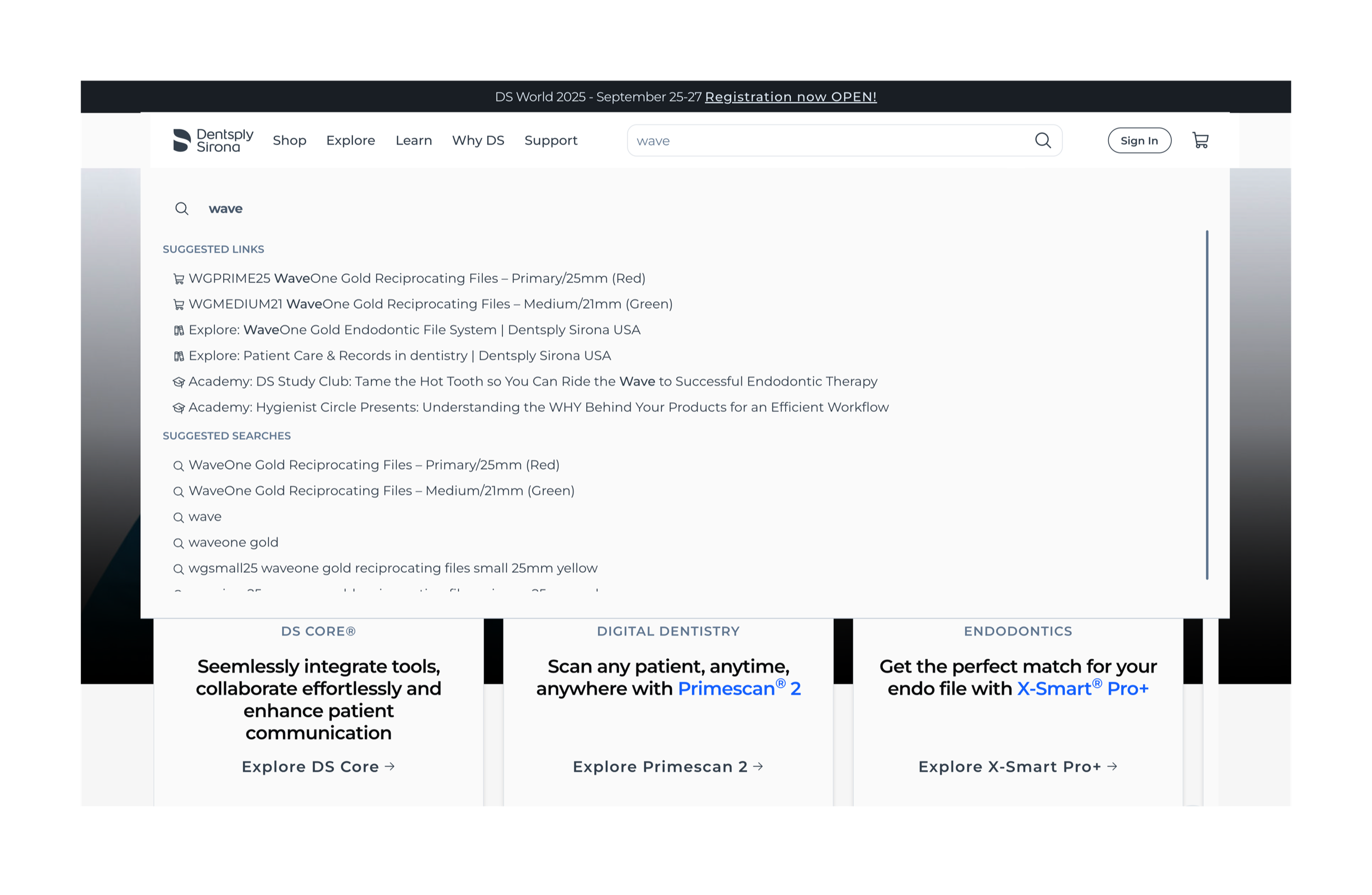 Redesigned Dentsply Sirona global navigation with persistent search and autosuggest