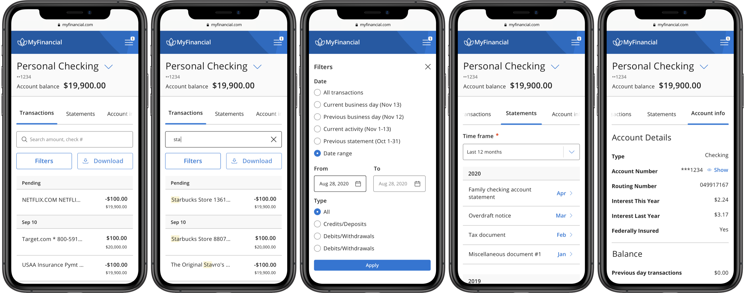 Five mobile screens of the MyFinancial personal checking experience with transaction search, filters, and masked account details