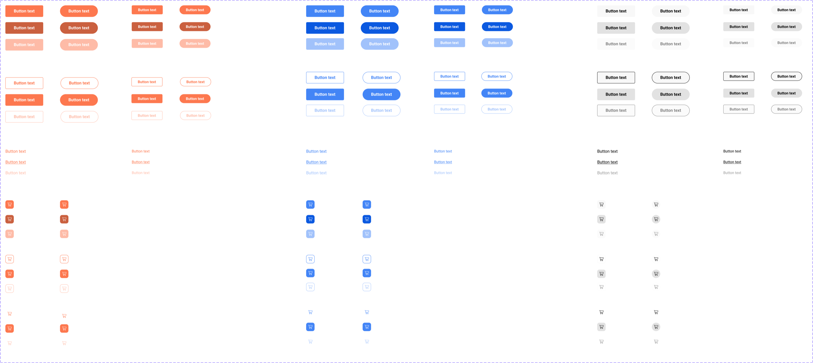 Button component matrix covering brand orange, blue, and neutral variants across fill, outline, text, and icon styles with hover, active, and disabled states