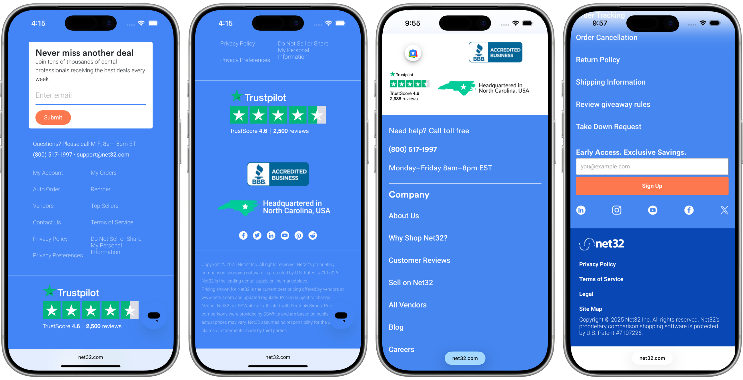 Four mobile screens showing the Net32 footer before and after: email capture promoted to the top, support contact grouped, and trust badges surfaced