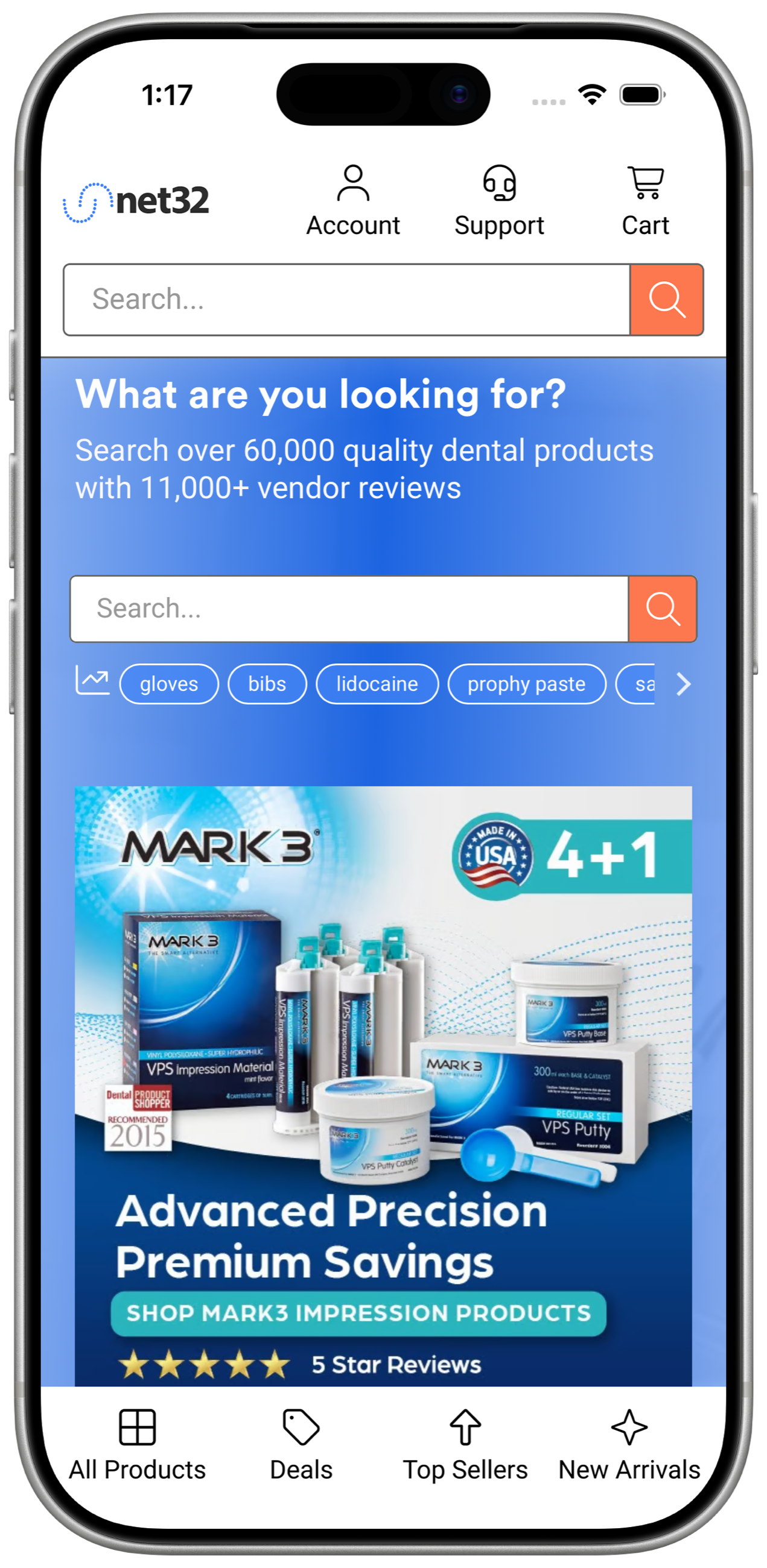 Redesigned Net32 mobile home page with white header, labeled account, support and cart icons, prominent search, and a bottom tab bar