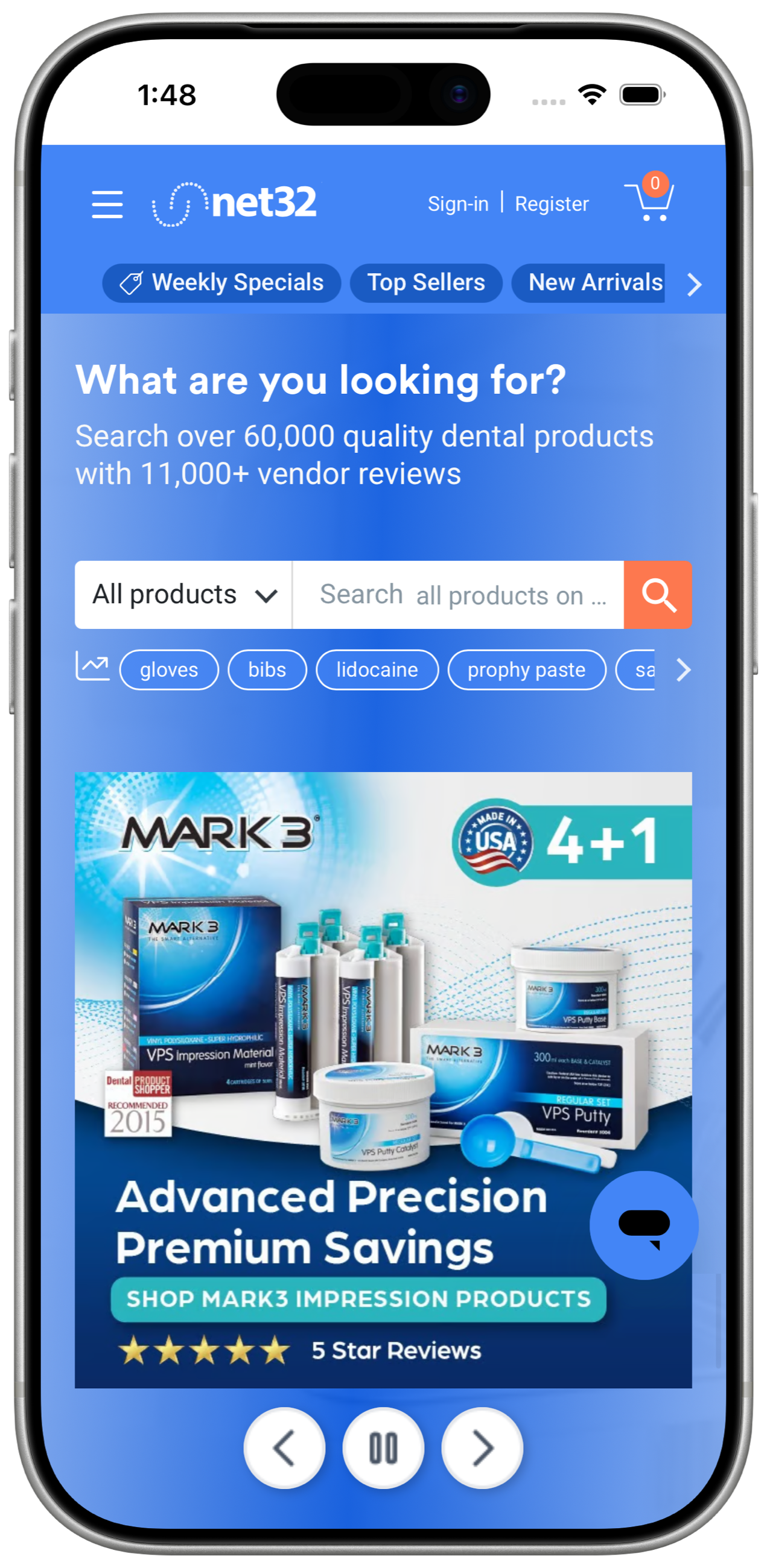 Legacy Net32 mobile home page with blue header, hamburger menu, and sign-in links