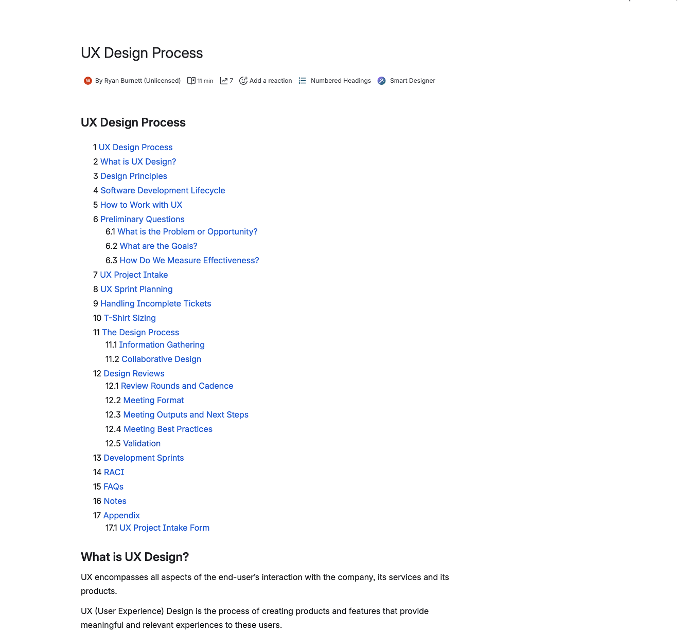 Confluence page documenting the Net32 UX design process, including intake, sprint planning, design reviews, and RACI