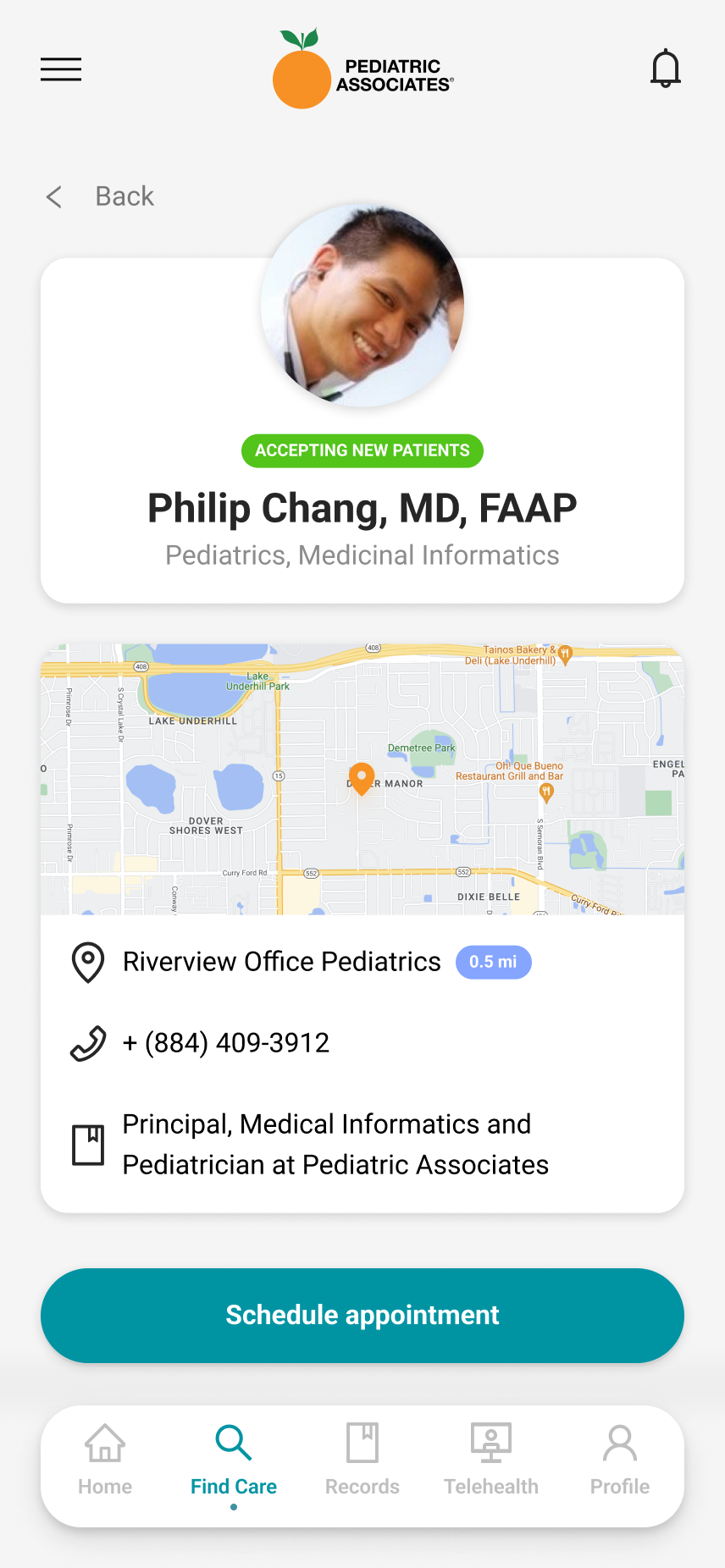 Pediatric Associates mobile physician detail screen showing a pediatrician with an accepting new patients badge, an office location map, contact details, and a schedule appointment button
