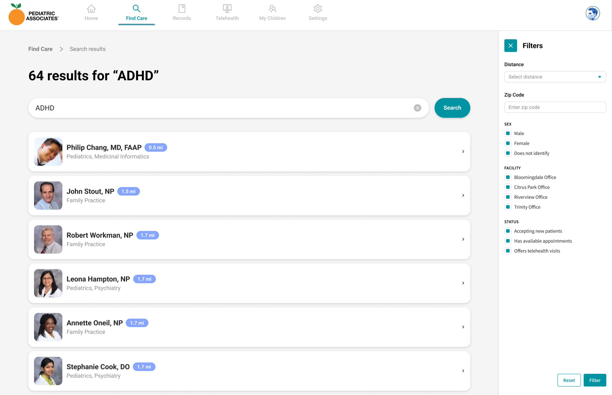 Find Care search results page showing 64 providers matching ADHD, with distance badges and filters for distance, zip code, sex, facility, and availability status