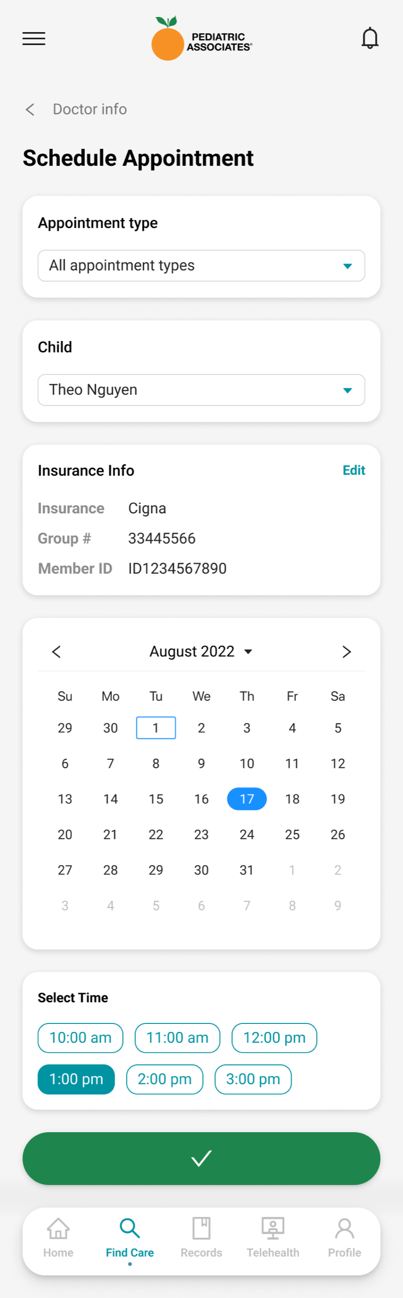 Pediatric Associates mobile scheduling screen with child selector, insurance info, calendar, and confirmation