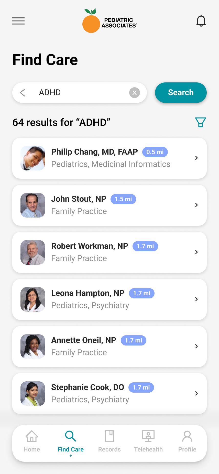 Mobile Find Care search results showing provider cards with distance badges