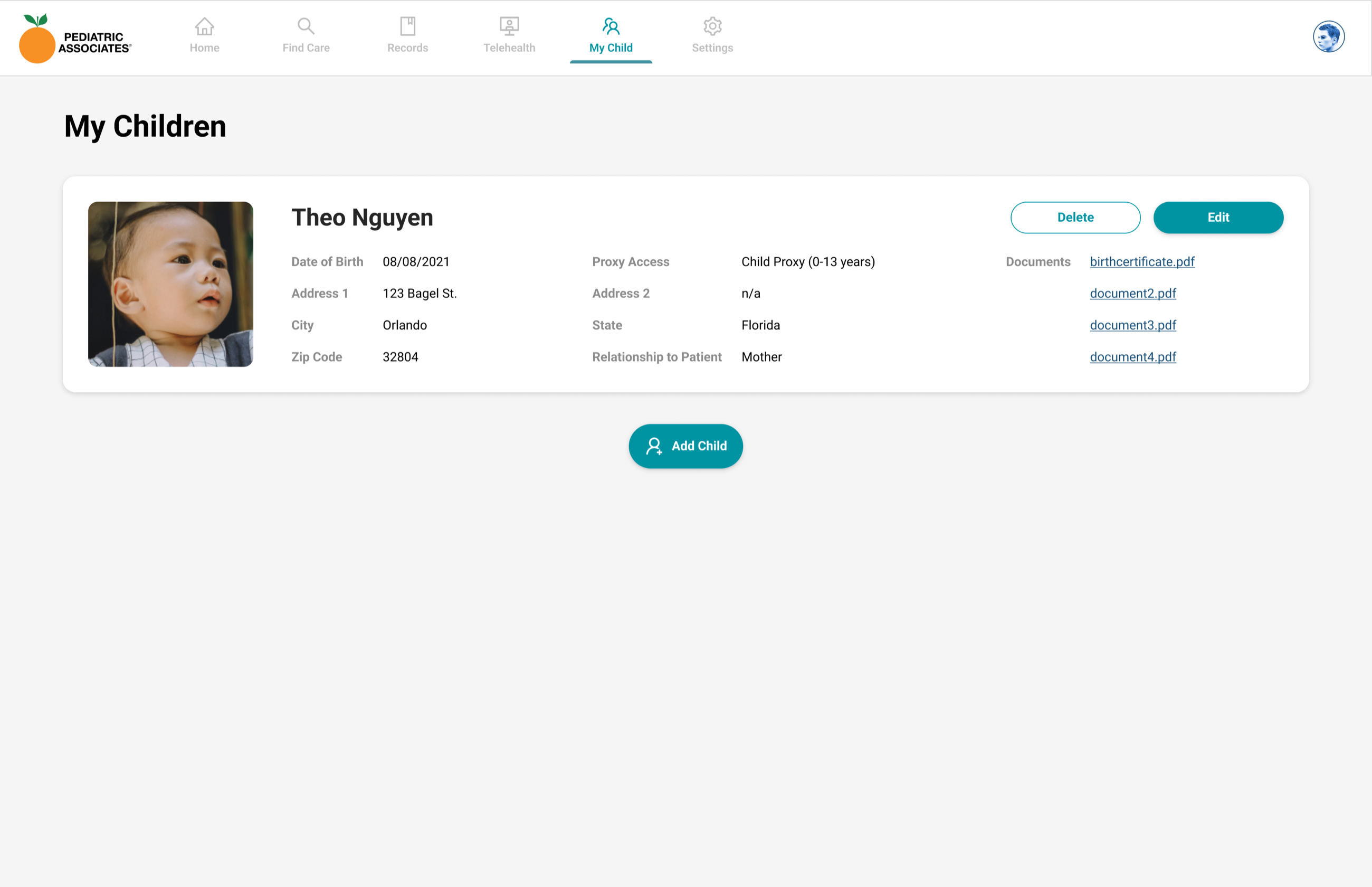My Children page showing a child profile card with photo, date of birth, address, proxy access level, relationship to patient, and uploaded documents