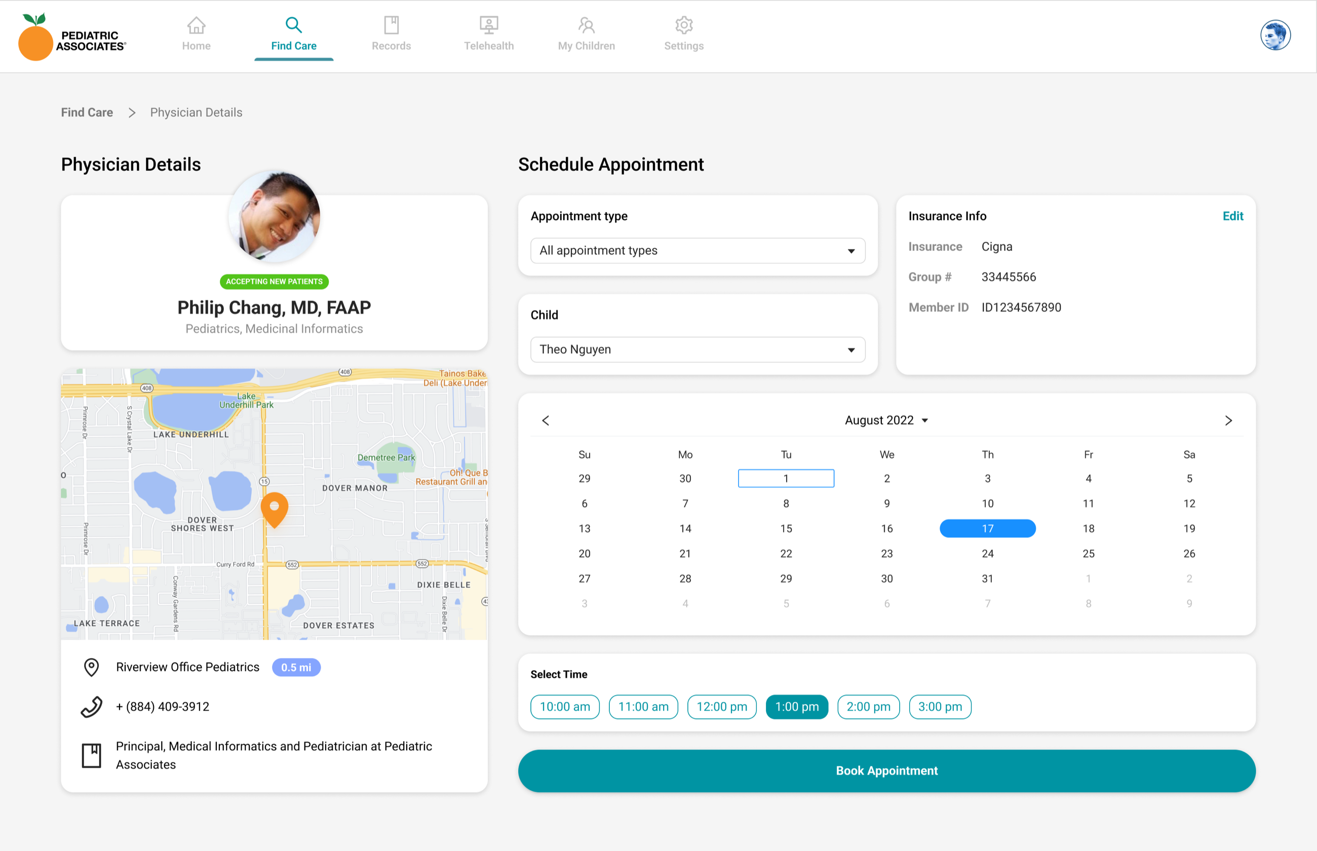 Physician details and scheduling page with provider profile and map on the left and appointment type, child selector, insurance info, calendar, and time slots on the right