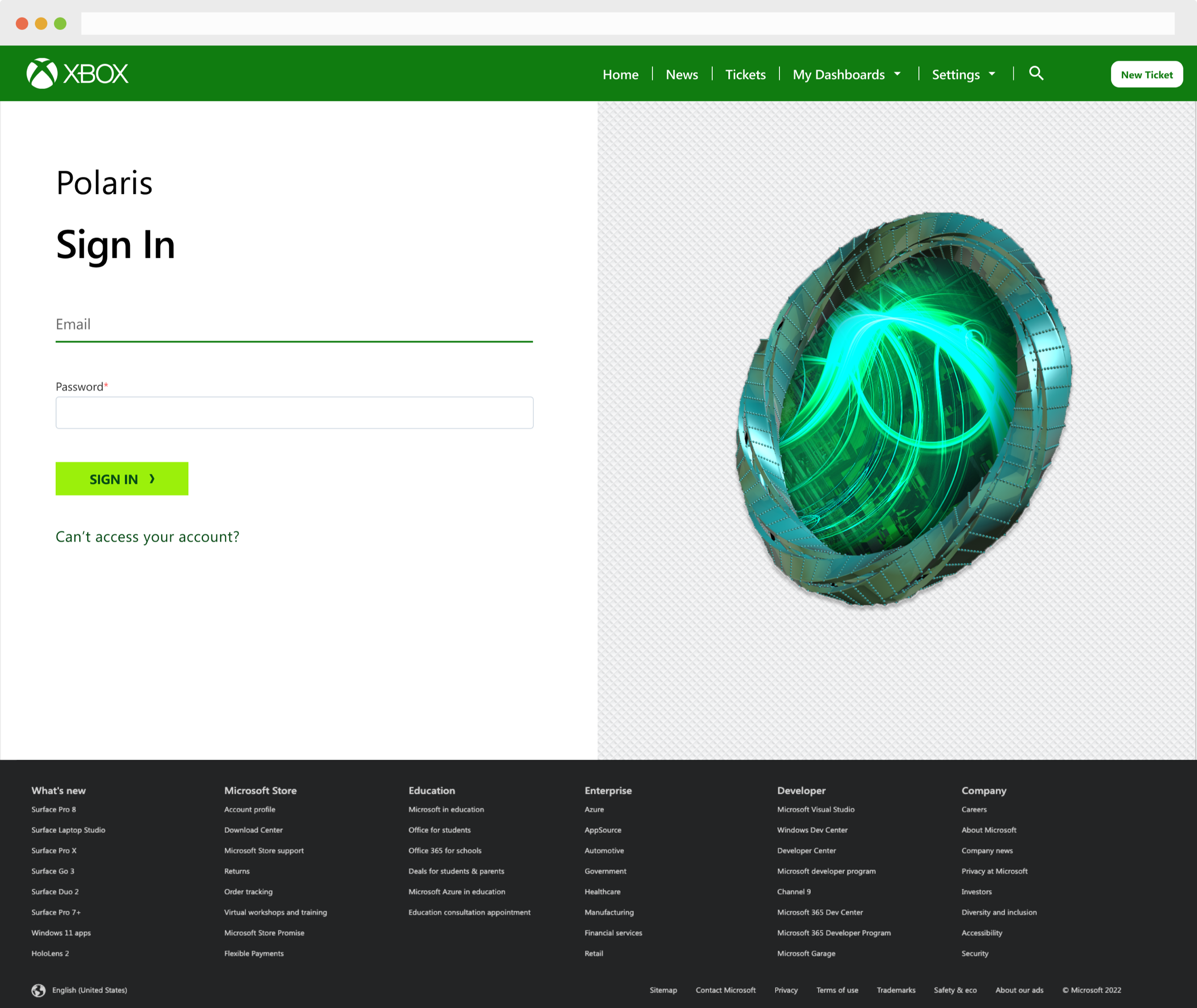 Polaris sign-in page with Xbox branding, email and password fields, and portal navigation for home, news, tickets, and dashboards