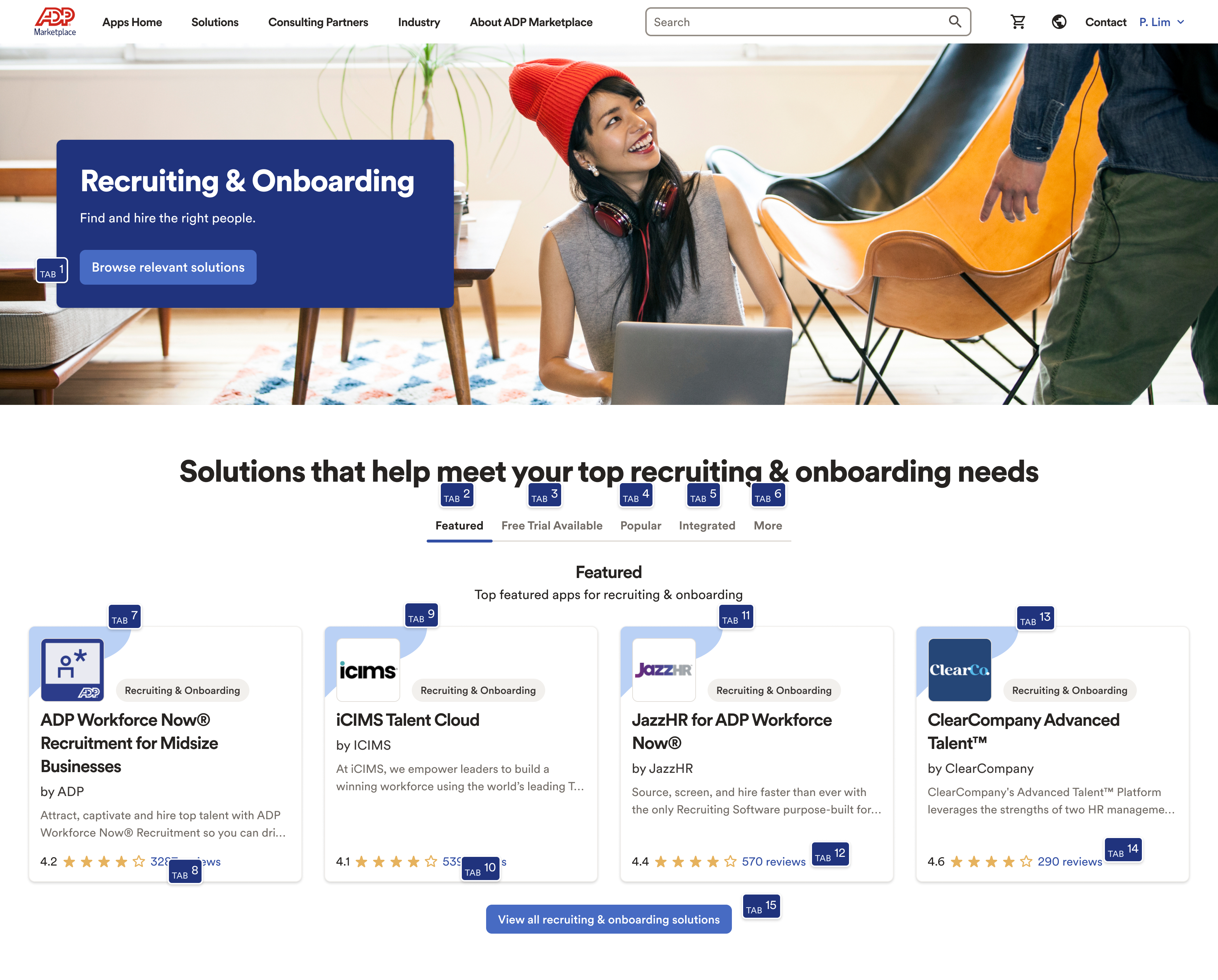Recruiting and Onboarding page, clean view