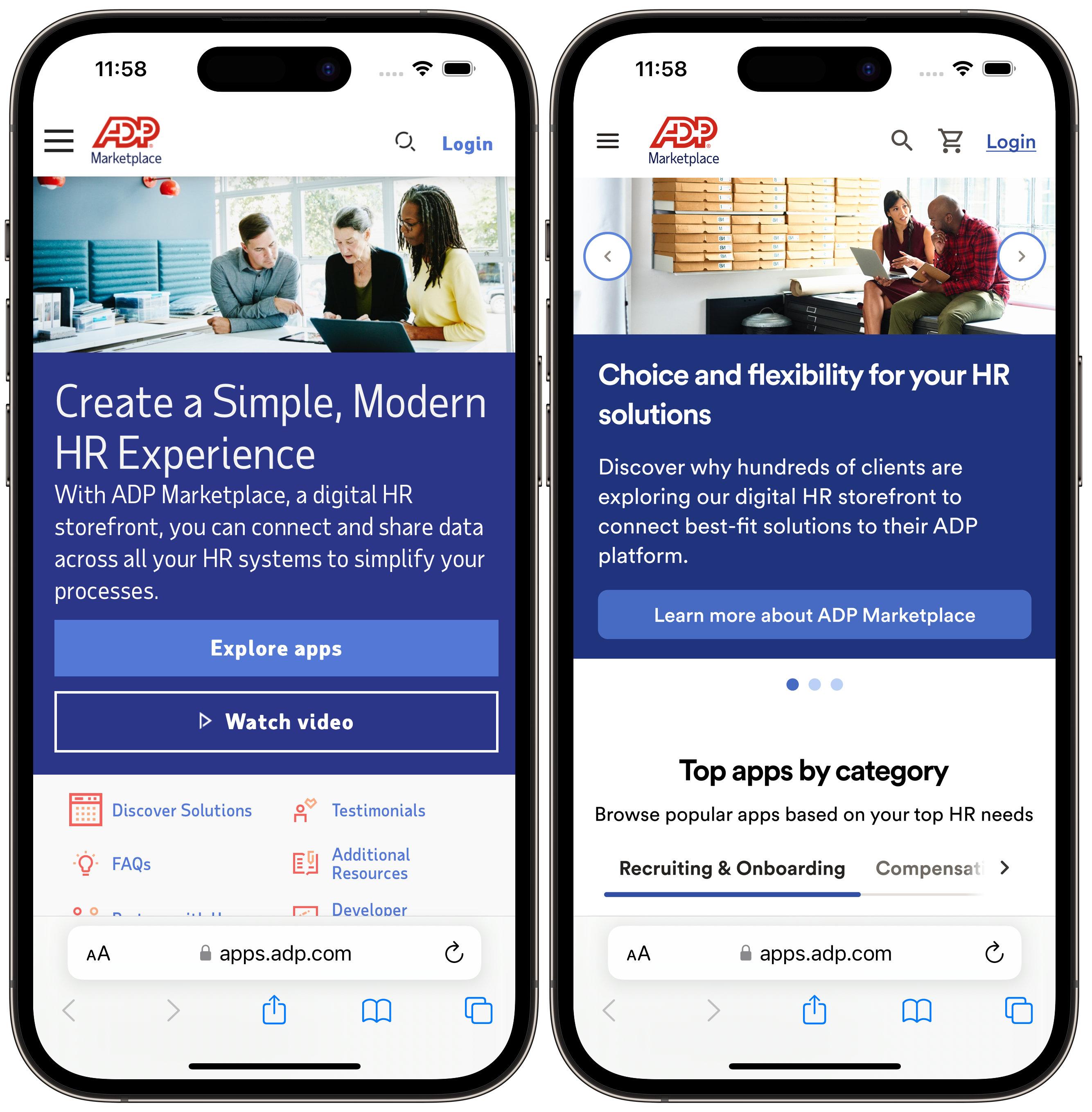 ADP Marketplace home page before and after redesign