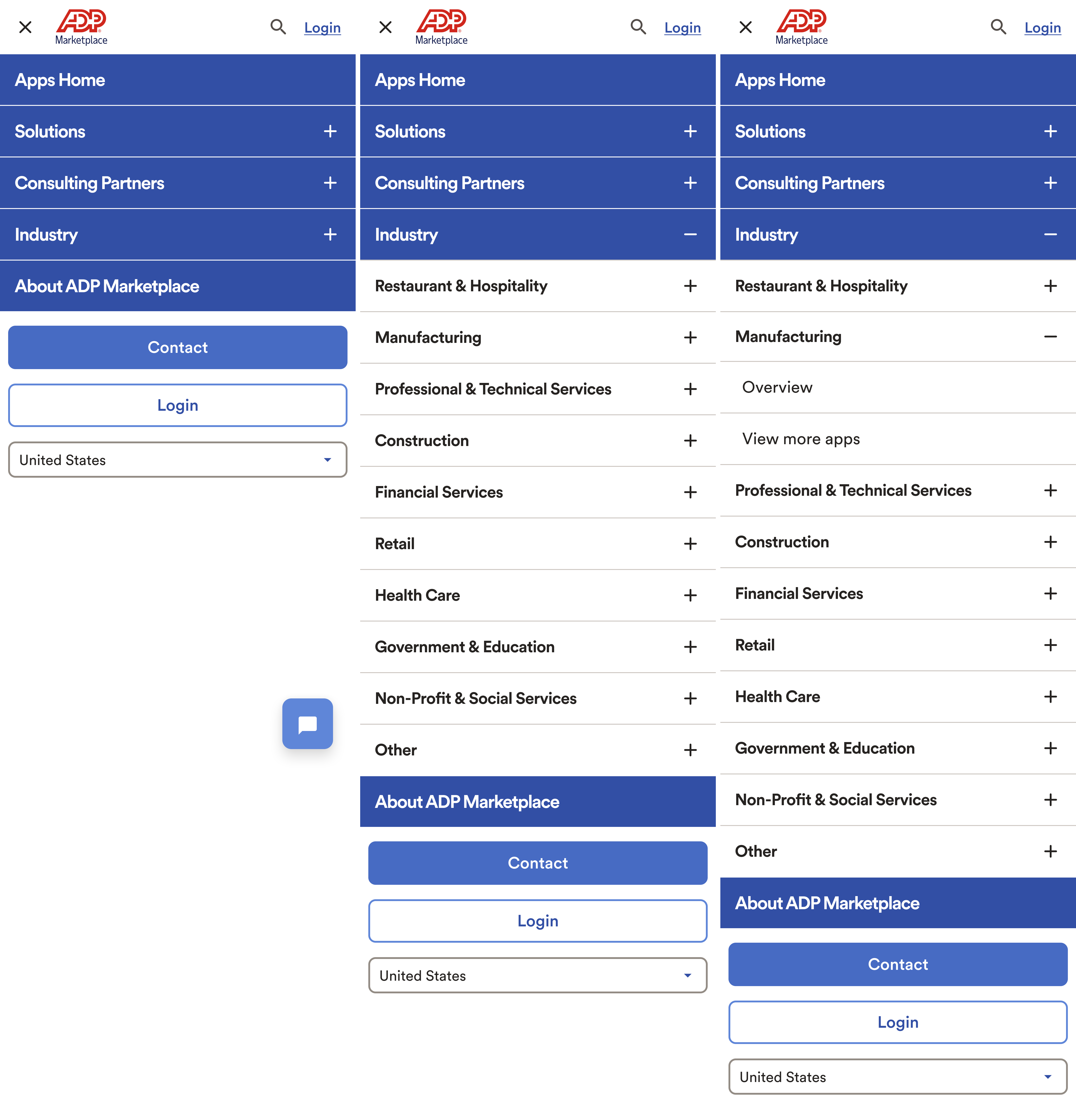 ADP Marketplace mobile navigation showing three states: collapsed, industry expanded, and sub-category expanded