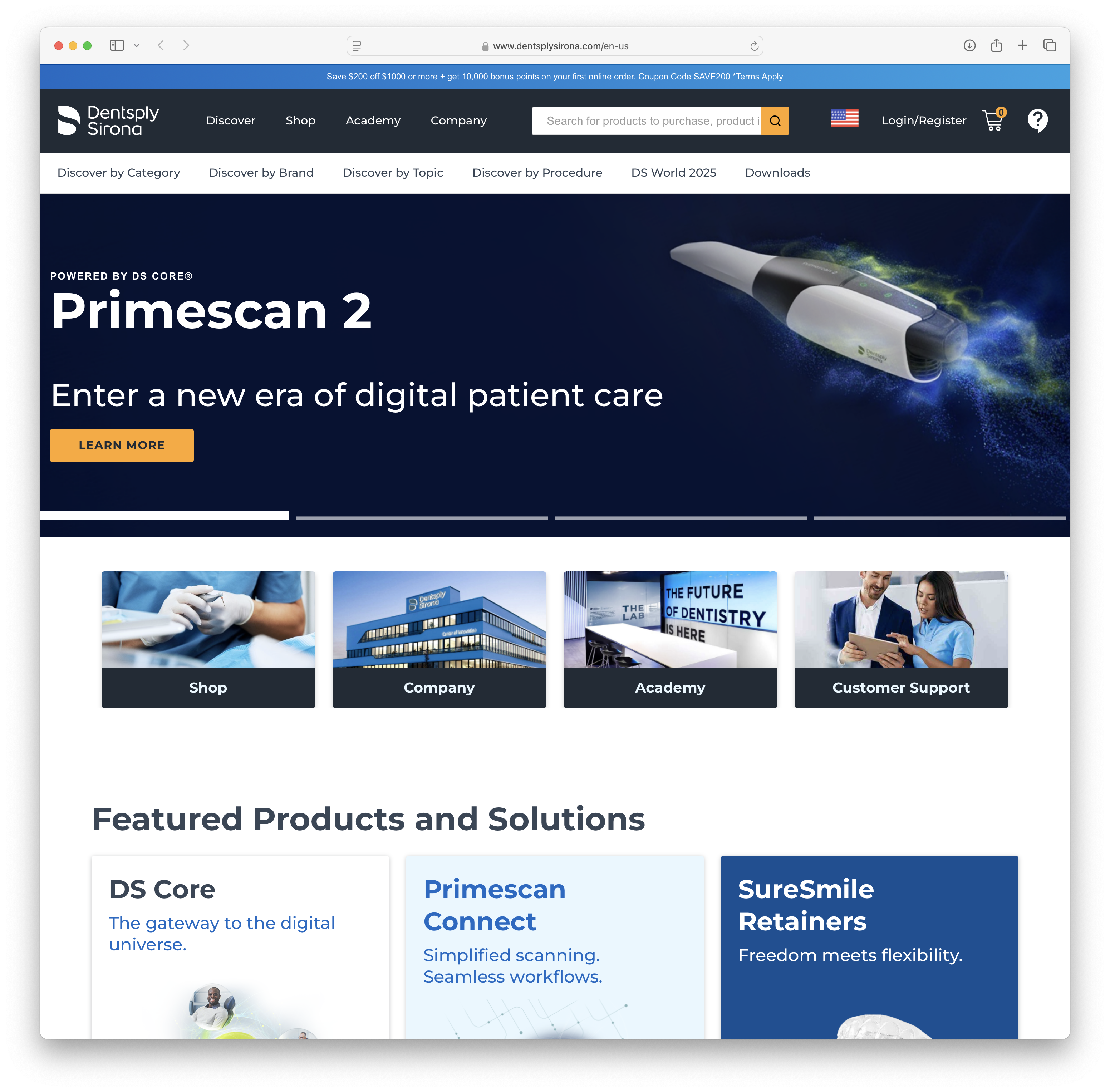 Dentsply Sirona desktop home page before redesign