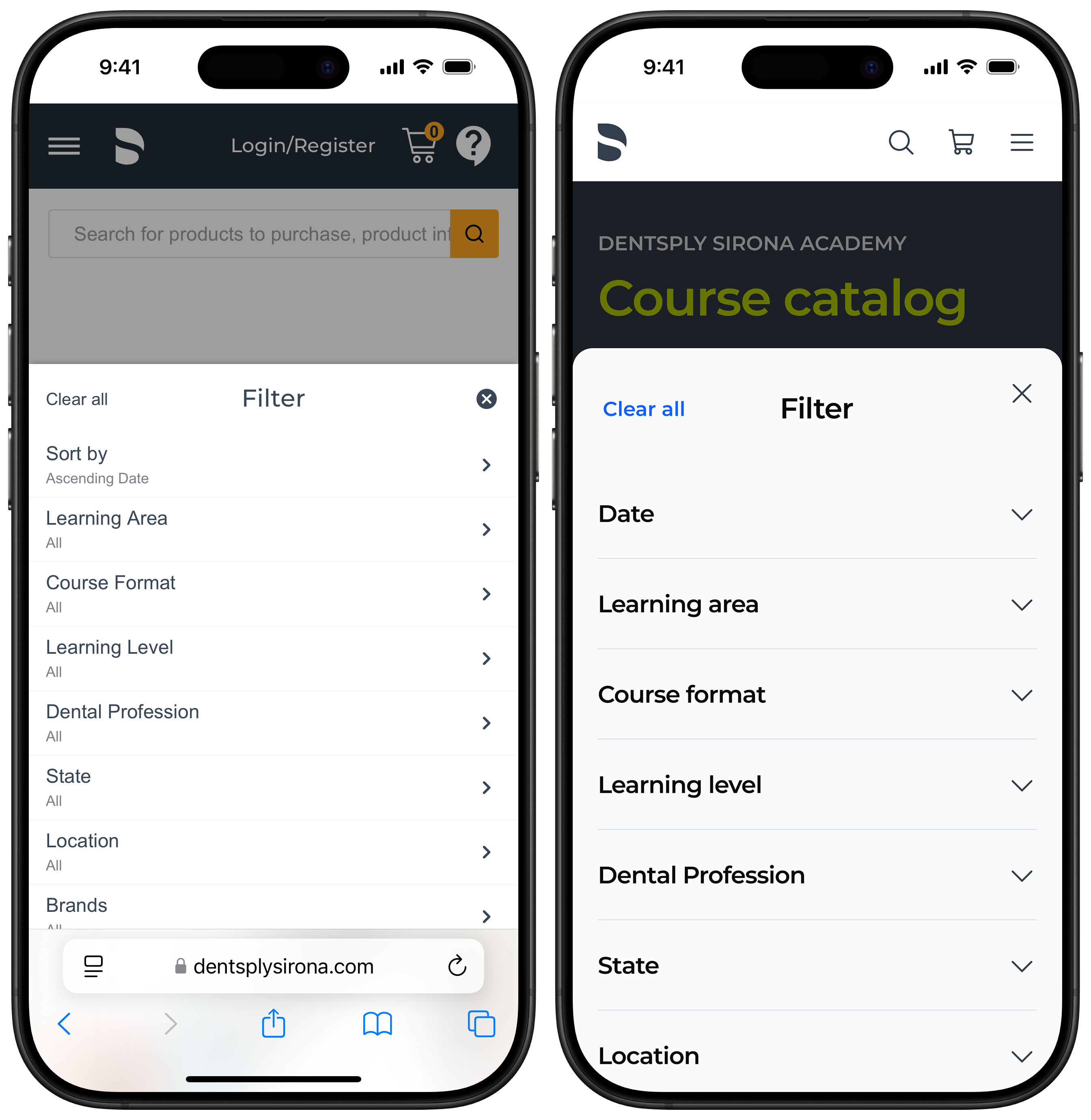 Course catalog filter before and after
